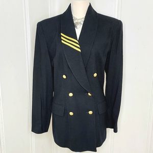 Casual Corner Black Double-Breasted Blazer with Gold Buttons and Yellow Stripe